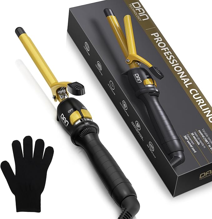 DAN Technology 1/2 Inch Thin Curling Iron for Corkscrew Curls, Tourmaline Ceramic Small Hair Curler with 180°F–430°F Adjustable Temperature, Fast Heating, Dual Voltage, Auto Shut-Off, Black & Gold