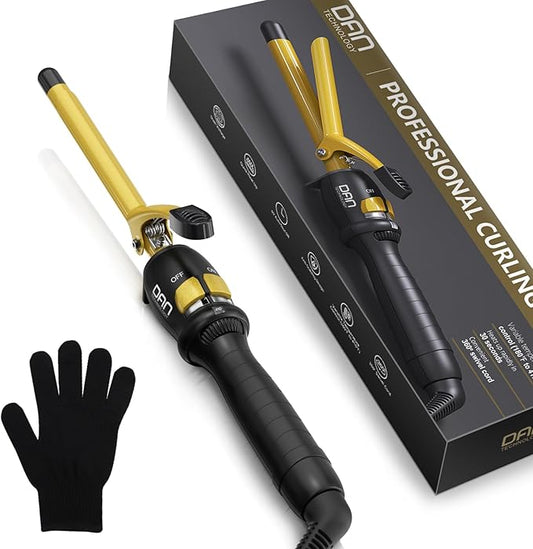 DAN Technology 1/2 Inch Thin Curling Iron for Corkscrew Curls, Tourmaline Ceramic Small Hair Curler with 180°F–430°F Adjustable Temperature, Fast Heating, Dual Voltage, Auto Shut-Off, Black & Gold