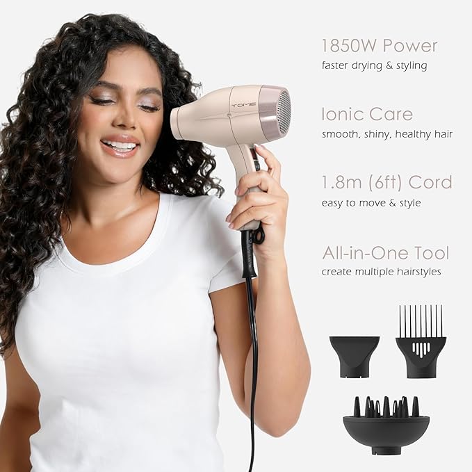 TOME Hair Dryer with Diffuser Blow Dryer Ionic 1875W Cool Shot Curly Hair Teeth Comb Nozzle attachments Light Weight Low Noise Fast Dry Pink