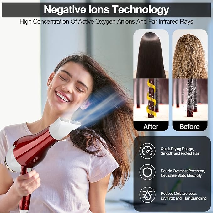 Professional Salon Hair Dryer, 1875W Blow Dryer, 2 Concentrator Nozzles, 3 Heat Settings, 2 Speed Slide Switch, Cool Shot Button, Fast Drying for Family, Low Noise (Red and White)