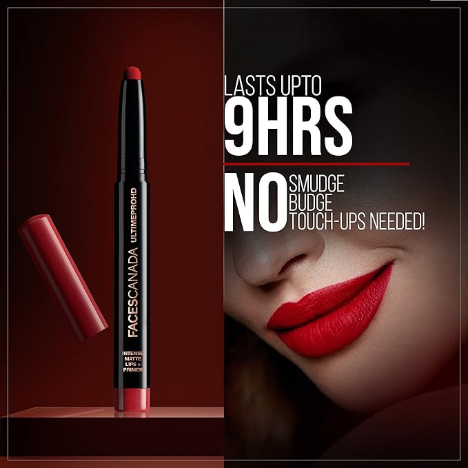 Faces Canada Ultime Pro HD Matte Lip Crayon with Primer | Long Lasting 9HR Stay Lip Color | Smooth Glide, Bold Pigment, Non-Drying Finish | Bloodmoon (Red) Shade - 0.04 Oz (1.14g)