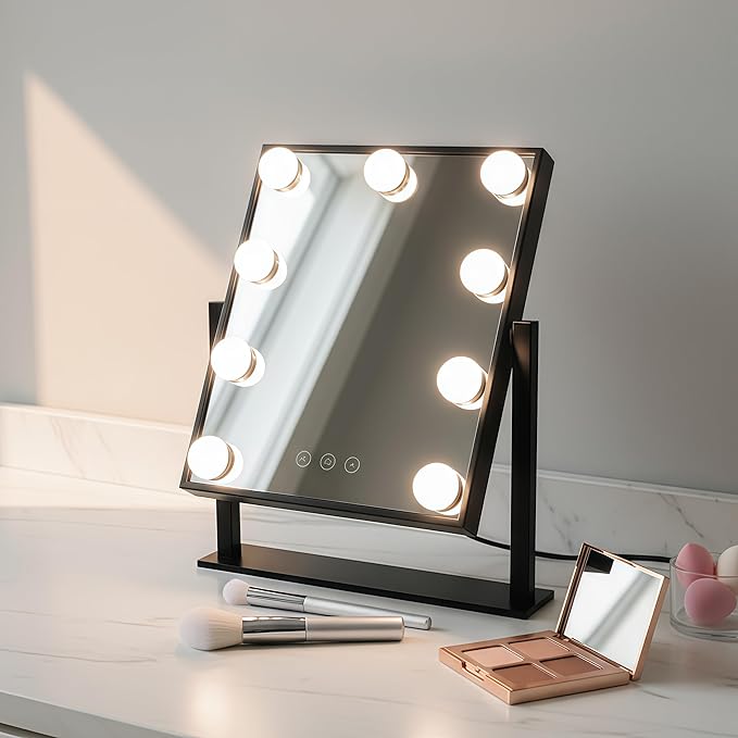 Lighted Vanity Mirror with 9 LED Lights, Detachable 10x Magnifying Mirror, 3-Color dimmable Hollywood Makeup Mirror, Smart Touch Control, Metal Frame, 360-degree Rotation, White/Black (Black)