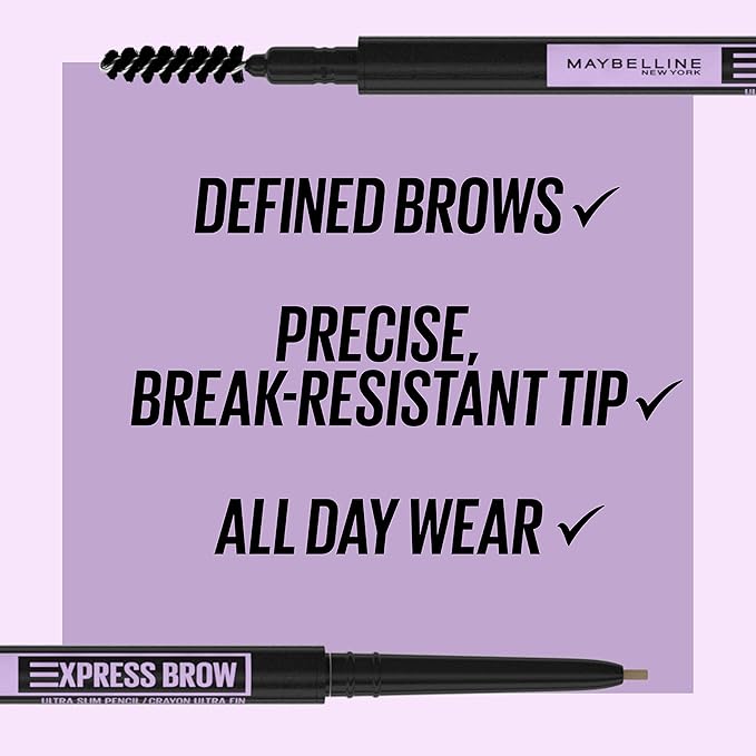Maybelline Express Brow Ultra Slim Eyebrow Makeup, Brow Pencil with Precision Tip and Spoolie for Defined Eyebrows, Ash Brown, 1 Count