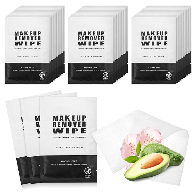 200 Count Makeup Remover Wipes Bulk Individually Wrapped Face Cleansing Wipes,Travel Towelette Makeup Remover Cloth for Face Cleansing Skin Care Remove Makeup(Black)