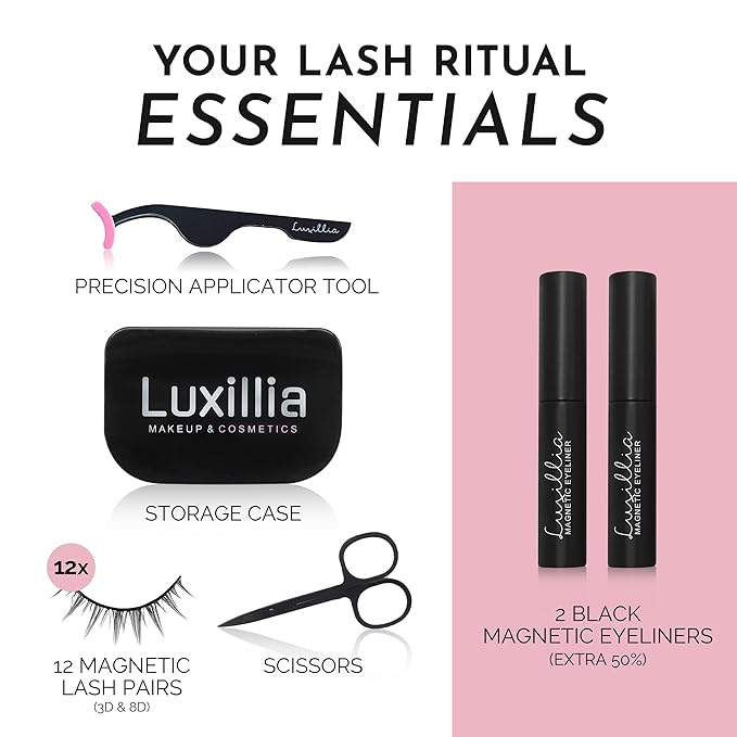 Luxillia Magnetic Eyelashes Kit – 16 Piece Magnetic Eyelash & Eyeliner Set with Applicator – Natural Look Easy Apply Reusable Fake Extension Lashes, No Glue – Pestañas Postizas Magnéticas Naturales