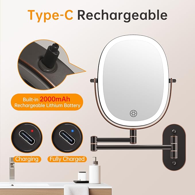 Funtouch 9" Wall Mounted Lighted Makeup Mirror, Rechargeable Double Sided 1X/7X Magnifying Mirrors with Light, 3 Color Lights, Touch Dimmable, Extended Arm 360 Rotation Oval Shaving Light up Mirror
