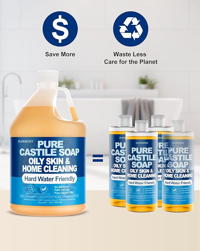 Pure Castile Soap Liquid Unscented 1 Gallon(128 floz) Refill,Organic Body Wash Bath Soap Castile Liquid,Hard Water Oily Skin Friendly for Body, Face, Hand,Dishes,Home Cleaner Fragrance Free