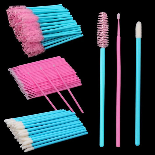 myaokue-up 200Pcs Cosmetic Brushes Kit, Disposable Nylon Lash Spoolies, Micro Swab Brushes, Mascara Wands, Lip Gloss Applicators, Blue/Pink, Cosmetic Tools