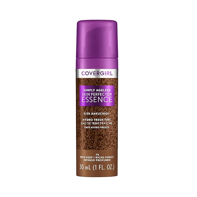 Covergirl Simply Ageless Skin Perfector Essence Foundation, 75 Rich-Deep, Tinted Skincare Makeup Hybrid, Sheer Tint, Radiant Finish, Glowy Finish, Vegan Formula, 1.0oz