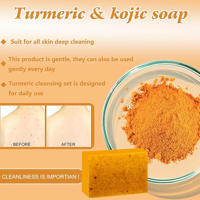 4Pcs Turmeric Wash and Care Set,Tuemeric Facial Cleanser, Turmeric Cleansing Exfoliating Pads,Handmade Soap Bubble Mesh Bags,Turmeric Soap Combo,Skin Care Set for Face & Body,Deep Cleansing