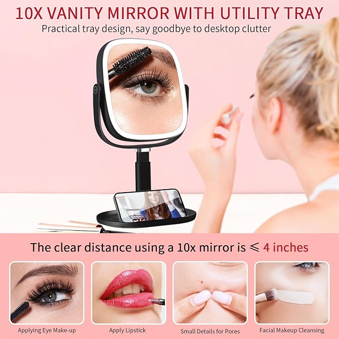 Lighted Makeup Mirror, 2600mAh Rechargeable 1x/10x Magnifying Vanity Mirror, 8.5" Height Adjustable Makeup Mirror with Lights 3 Color, 360° Rotation 2-Sided Light up Large Desk Mirror - Black