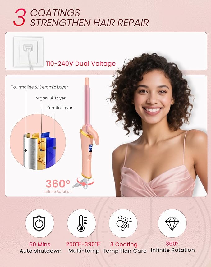 Ukliss Mini Curling Iron for Short Hair, Creates Perfect Tight Ringlets & Bangs, Fast Heat 30s, 5 Temp Settings, Dual Voltage, Auto Shut-Off & Anti-Scald Tip, Travel Friendly (Pink, 1/2 Inch)
