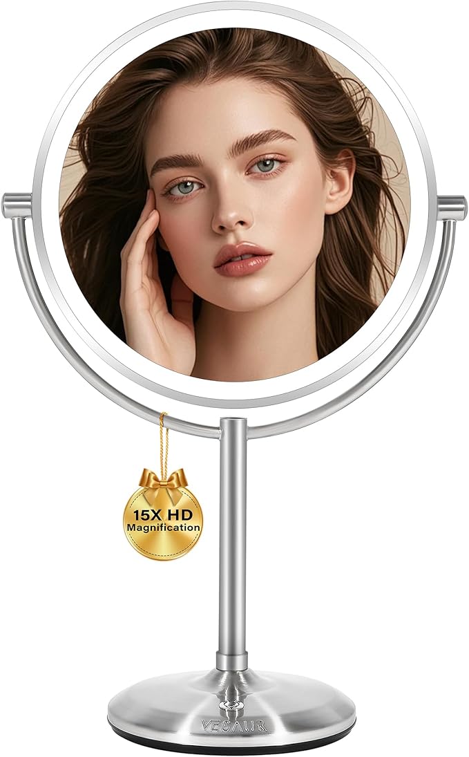 VESAUR 1X15X HD Lighted Makeup Mirror, 9" Large 5000mAh Rechargeable Double Sided Magnifying Mirror with 3 Touch Dimmable Light, 360°Rotation Detachable for Travel Vanity Mirror, Pearl Nickel, Gifts