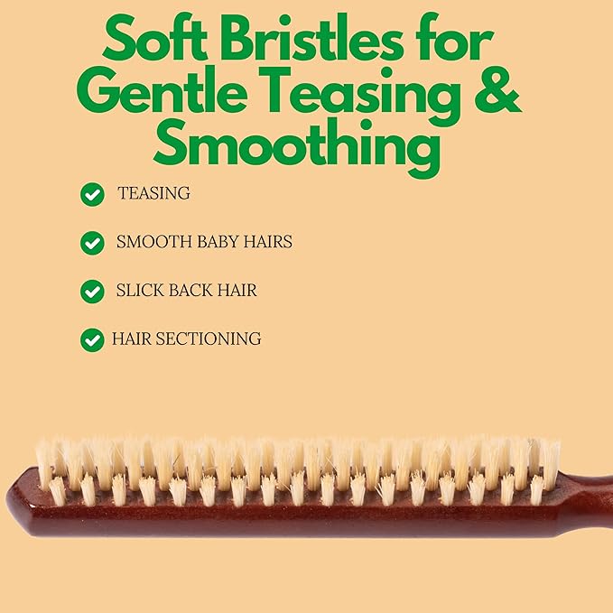 GranNaturals Soft Boar Bristle Teasing Brush for Slick Back Hair, Backcombing, Edge Control, Smoothing Baby Hairs to Create Volume and Sleek Hairstyle - White Bristles - Wooden Rat Tail Comb Handle
