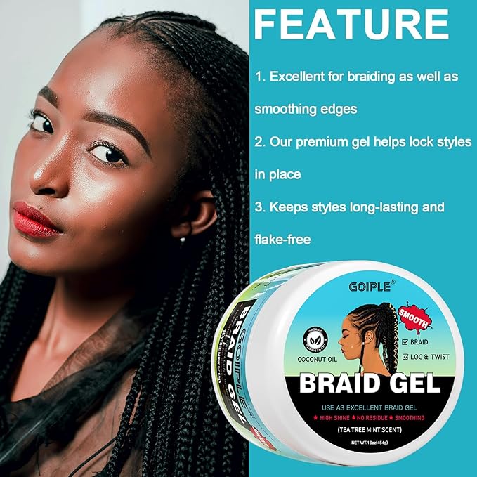Goiple Braiding Gel Good for Twist, Locs, Braids, Edge No Flake Extra Hold High Shine Braid Gel & Edge Control, Loc Gel Long Lasting for Locks, Cornrows Smooths & Tames Frizz (Tea Tree)16 OZ, Blue