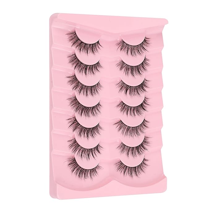 Lashes False Eyelashes Natural 16mm Wispy Lashes Pack Fluffy Eyelashes C Curl Strip Lashes Weightless Fake Lashes 0.1MM Thin Band Eyelash 3D Volume Siligli 7 Pair Lash