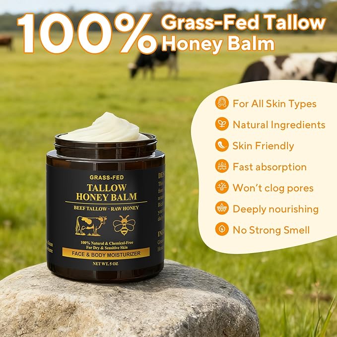 Beef Tallow for Skin, Tallow and Honey Balm, Organic Grass-Fed Whipped Beef Tallow Cream, Deep Moisturizing Facial & Body Balm, 100% Natural Face Moisturizer for All Skin Types (5oz)