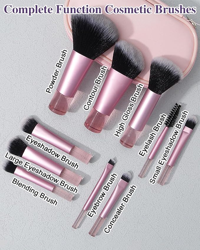 10 Pcs Mini Makeup Brush Travel Size Set With Brush Pouch, Portable Small Full Complete Function Cosmetic Brushes Kit for Women and Girls On the Go (Pink)