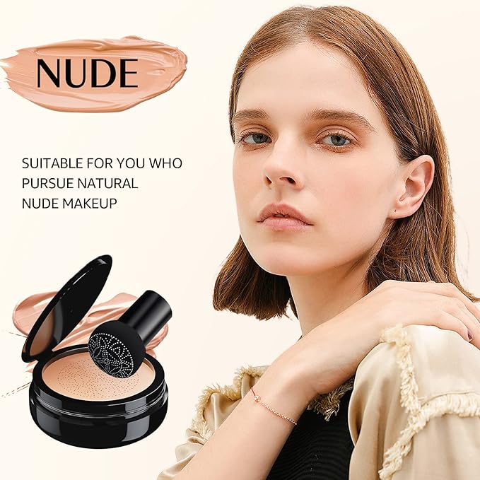 Mushroom Head Air Cushion CC Cream - Oil Control & Moisturizing Concealer Makeup Base, Brighten Long - Lasting Even Color Correcting Concealer Full Coverage for All Skin Types (Nude)