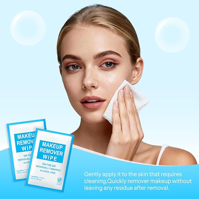 Makeup Remover Wipes Individually Wrapped Pack of 50,Avocado Scent 7x7.9 inch Blue Travel Size Facial Cleansing Wipes Towelette for Face Cleansing,Skin Care,Hotel,Camping,Gym,Office