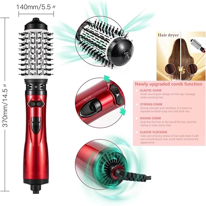 3 in 1 Hot Air Styler and Rotating Hair Dryer Hair Dryer and Blow Dryer Brush in One 2 Interchangeable Brushes for Dry and Wet Hair, Auto Rotating Curling Hot Hair Brush (Red)