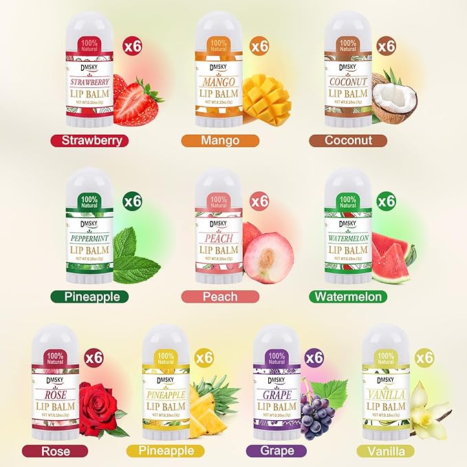 DMSKY Mini Lip Balm 60 Pack, Natural Lip Balm Bulk with Vitamin E and Coconut Oil, Moisturizing Lip Balms for Dry Cracked lips - 10 Flavors