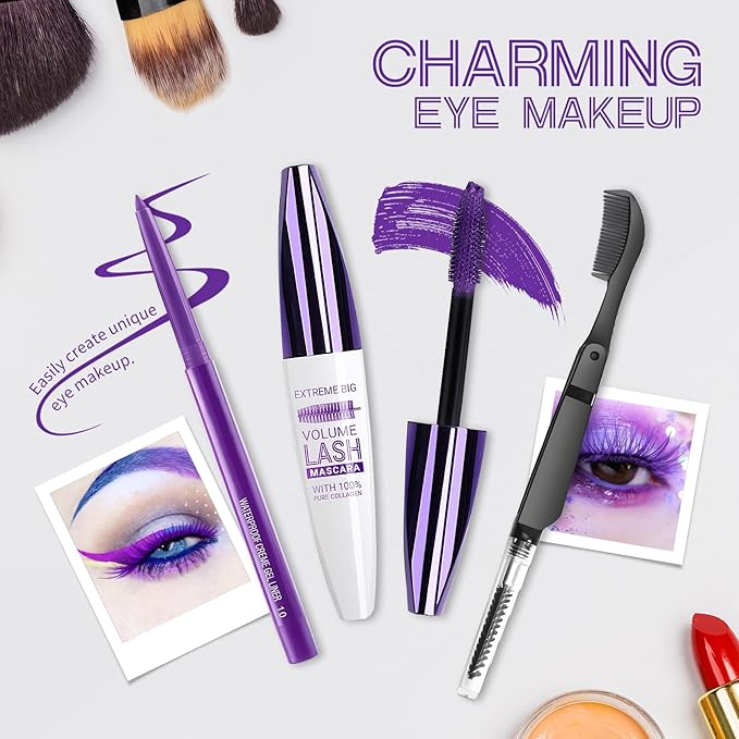 Purple Mascara and Eyeliner Set,5D Colored Mascara Volume and Length Waterproof,Natural Curling rimel de pestañas,Suitable for Women Eye Makeup