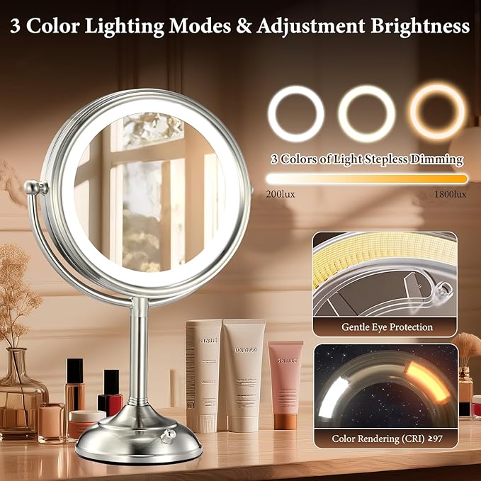 VESAUR 2025 9.3" Large 5000mAh Rechargeable Lighted Makeup Mirror Nickel, 1X/10X/20X HD Magnifying Mirror with Compact Suction, 3 Color Dimmable Light, 360°Swivel Seamless Vanity, Gift Box