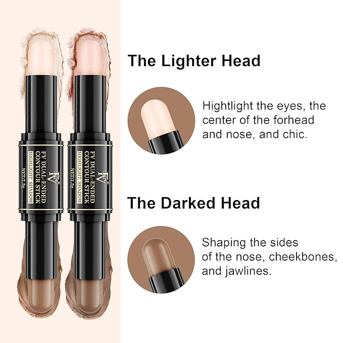 FV Dual-Ended Contour & Highlighter Stick - 2 Pack, Waterproof, Long-Lasting, Creamy & Blendable Formula, Natural Finish Sculpting Stick for Face & Body, Shades: 02 Light/Medium & 04 Natural Medium