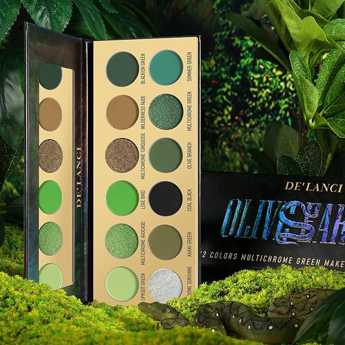 DE'LANCI Olive Green Eyeshadow Palette Multichrome, Ultra-Pigmented Chrome Brown Green Eye Shadow for Green Eyes Makeup, Matte Shimmer Dark Lime Emerald Eyeshadow Pallet for Goth Cos Christmas Makeup