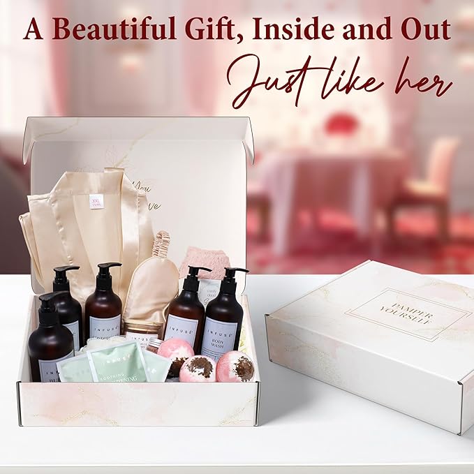 17-Piece Luxury Gift Set with Robe | Complete INFUSÉ White Tea & Coconut Bath Collection | Self-Care Kit with Bath Bombs, Face Masks & Hair Care | Bridesmaid, Mom, Wife, Grandma or Loved Ones