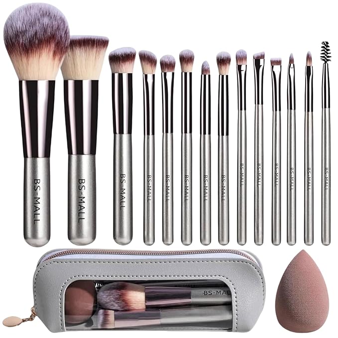 BS-MALL Makeup Brushes Set 14 Pcs with 1 Pcs Makeup Sponge – Essential Foundation Powder Concealers, Eye Shadows, Blush Makeup Brushes with Travel Makeup Case (Champagne)