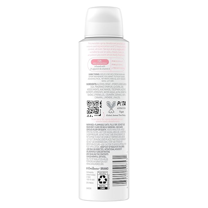 Dove Whole Body Deodorant Cooling Spray Raspberry & Rose Aluminum Free 4oz
