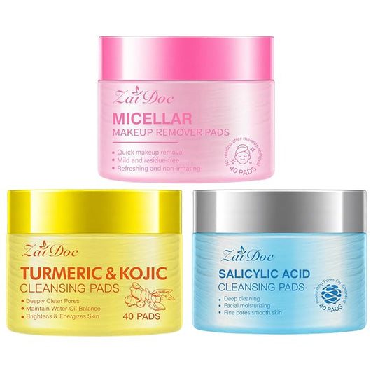 3 Sets Remover Wipes, with Turmeric & Salicylic Acid, Exfoliating Face Cleansing Pads for Hydrating, Moisturizing & Calming for Sensitive Skin