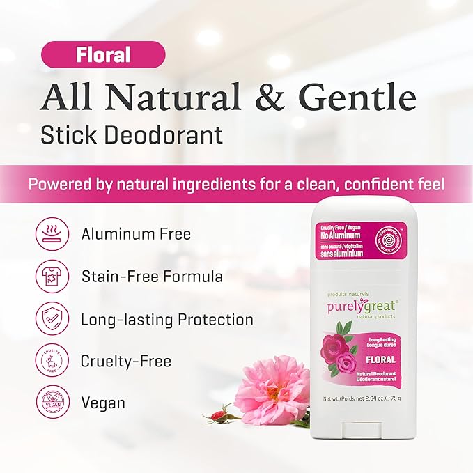Purelygreat - Floral-Scented Natural Deodorant Stick, Travel-Friendly Hygiene Essentials for Women, Natural Deodorant for Men Without Aluminum & Parabens, 2.64 oz / 75 g