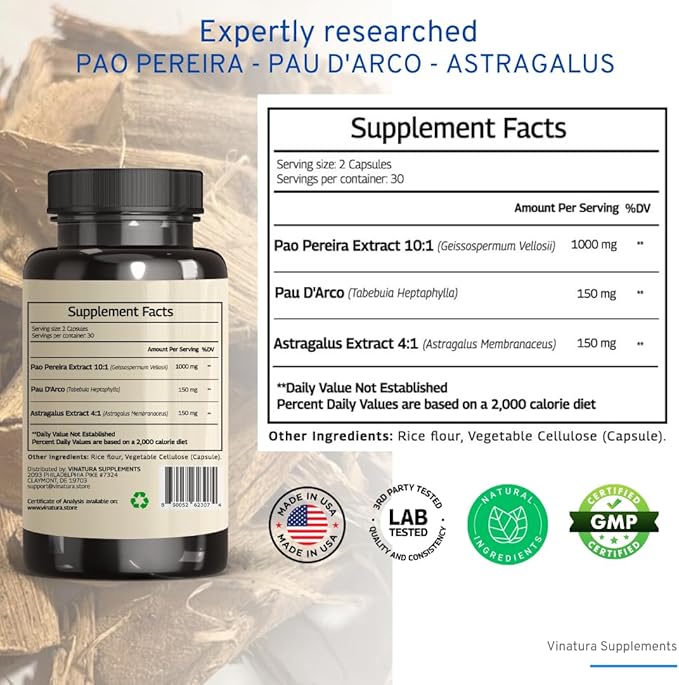 VINATURA Pao Pereira + PAU D'Arco, Astragalus - 1300MG Serving, USA Made & Tested, Stem Cells and Immune Support, 60 Capsules