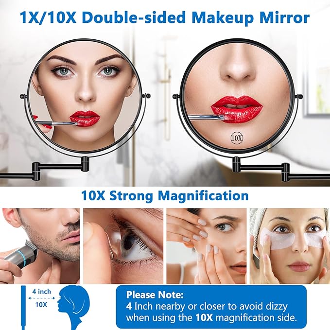 DECLUTTR 9 Inch Large Wall Mounted Makeup Mirror, 1X/10X Magnifying Mirror Double-Sided, 360° Swivel Extendable Makeup Mirror for Bathroom, Black