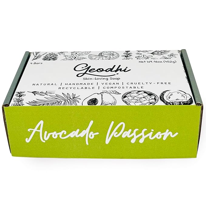 Handmade Vegan Cold Process Soap with Premium Essential Oils, Great for Acne, and Dry Skin - Set of 4 Both Women and Men Soap Bar-. (Avocado-Rosemary)