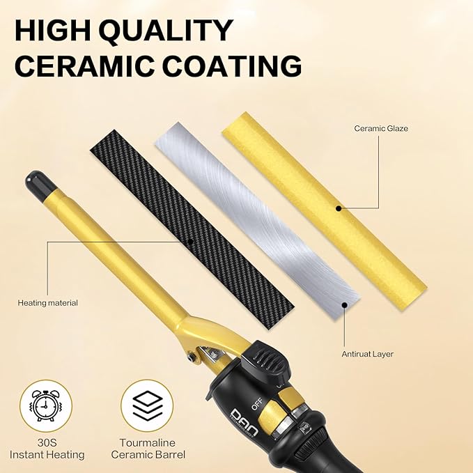 DAN Technology 1/2 Inch Thin Curling Iron for Corkscrew Curls, Tourmaline Ceramic Small Hair Curler with 180°F–430°F Adjustable Temperature, Fast Heating, Dual Voltage, Auto Shut-Off, Black & Gold