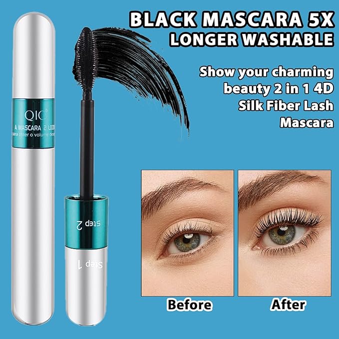 2 Pack 2 in 1 QIC 5x Longer Washable Black Mascara, 4D Silk Fiber Lash 2 Step, No Clumping, Long-lasting Waterproof Lash Cosmetics Beauty Eye Makeup