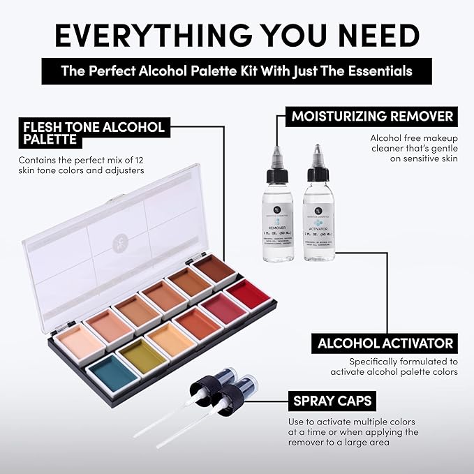 Narrative Cosmetics Flesh Tone Alcohol-Activated Palette, Activator, and Remover Kit, Professional SFX Makeup Set, Tattoo Cover