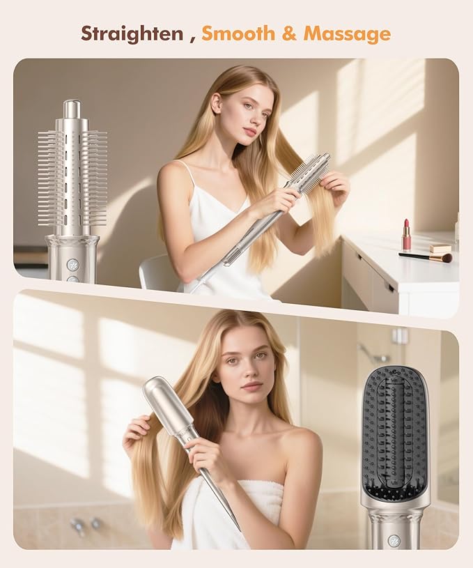 6-in-1 Hair Dryer Brush, Hair Styler with Automatic Curlers, 150,000 RPM High-Speed Negative Ionic Hair Dryer Fast Drying, Blow Dryer Brush for Curling/Volumizing/Straightening with Travel Bag, Gold