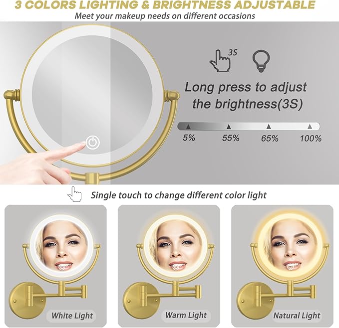 Make up Mirror Wall Mounted Lighted 10X Magnifying, 8" Double Sides 3 Color Lighting Touch Dimming, 360 Swivel Extended Arm Shaving Light up Mirror Hard Wired for Bathroom, Brushed Gold