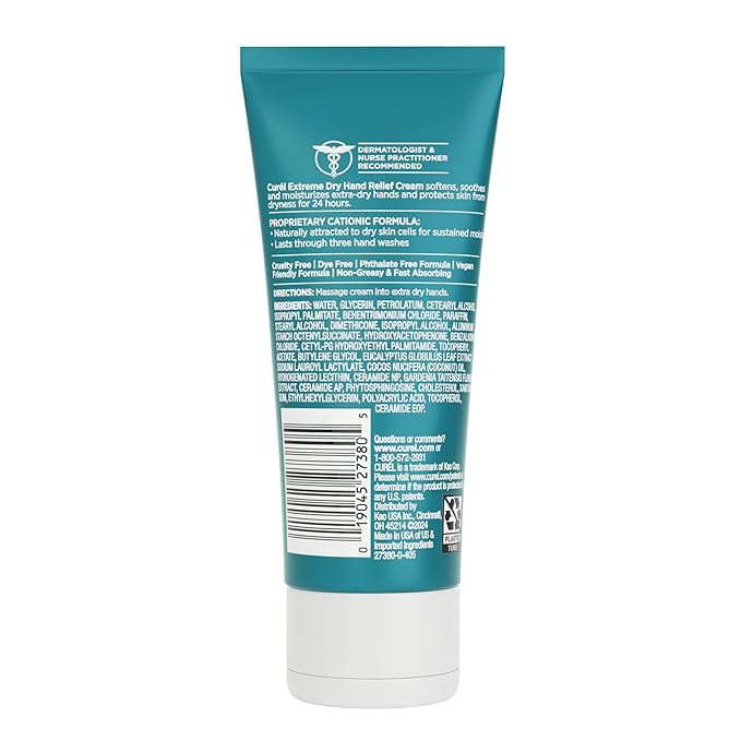 Curel Extreme Dry Hand Relief, Dermatologist Recommended, Long-Lasting Cream For Dry Hands, Paraben Free, Fragrance-Free Hand Lotion, 3 Oz, Pack of 3