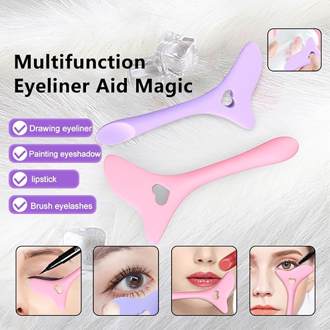 2Pcs Eyeliner Stencils, winged eyeliner tool,5 in 1 silicone winged tip eyeliner stencils, Mascara Shield and Applicator Pads, eye makeup stencil for Beginners, (VIOLET)