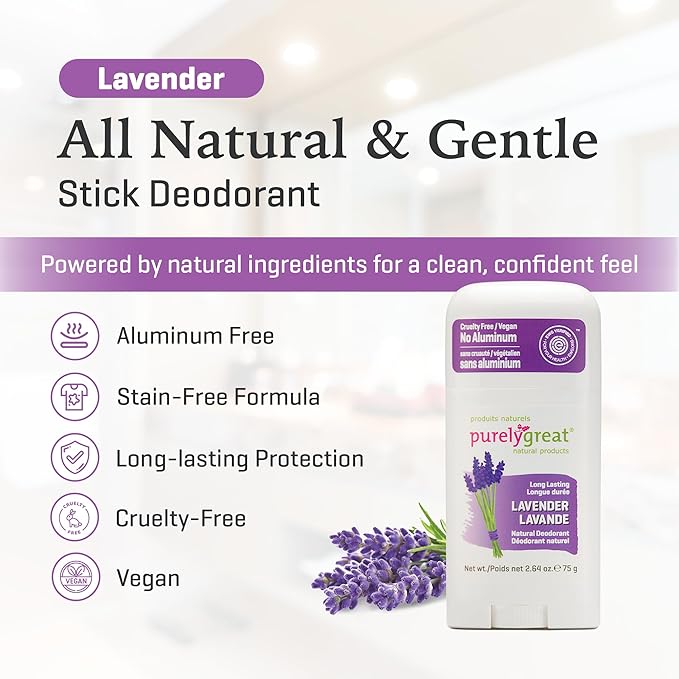Purelygreat - Lavender Scented Natural Deodorant Stick, Travel-Friendly Hygiene Essentials for Women, Natural Deodorant for Men Without Aluminum & Parabens, 2.64 oz / 75 g