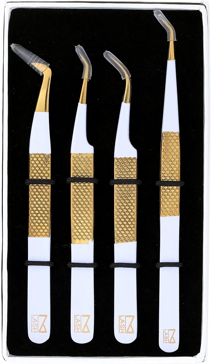 M LASH Tweezers for Eyelash Extensions (Set of 4) - Professional Lash Extension Tweezers - Fiber Tip, Japanese Steel, Diamond Grip Eyelash Extension Tweezer (WMG-SET)