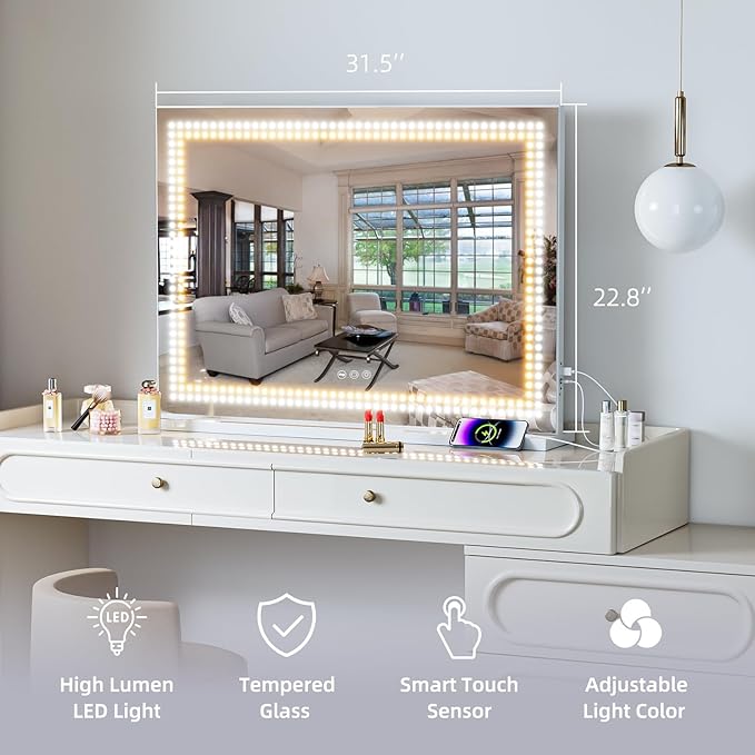 Misavanity Vanity Mirror with Lights Dots 32x23 Inchs Makeup Mirror with LED Lights Tempered Glass Touch Screen Control Dimmable 3 Colors Modes USB Charging Port 10X Magnification, White
