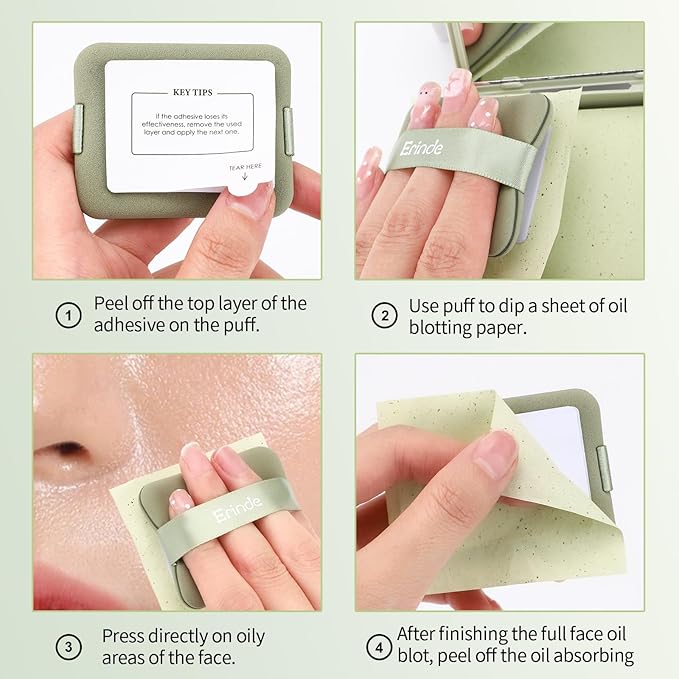 Erinde Oil Blotting Sheets for Face with Mirror and Puff, 200 Sheets Oil Blotting Paper for Oily Skin, Face Oil Absorbing Sheet, Natural Oil Control Film, Absorb Excess Oil, Makeup Friendly