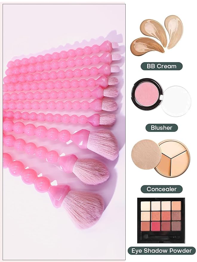 COSHINE Unique Diamond and Pearl Design Makeup Brush Set, 10pcs Cute and Full Complete Powder, Concealer, Blush, Eye Shadow Cosmetic Brushes Kit (PINK)
